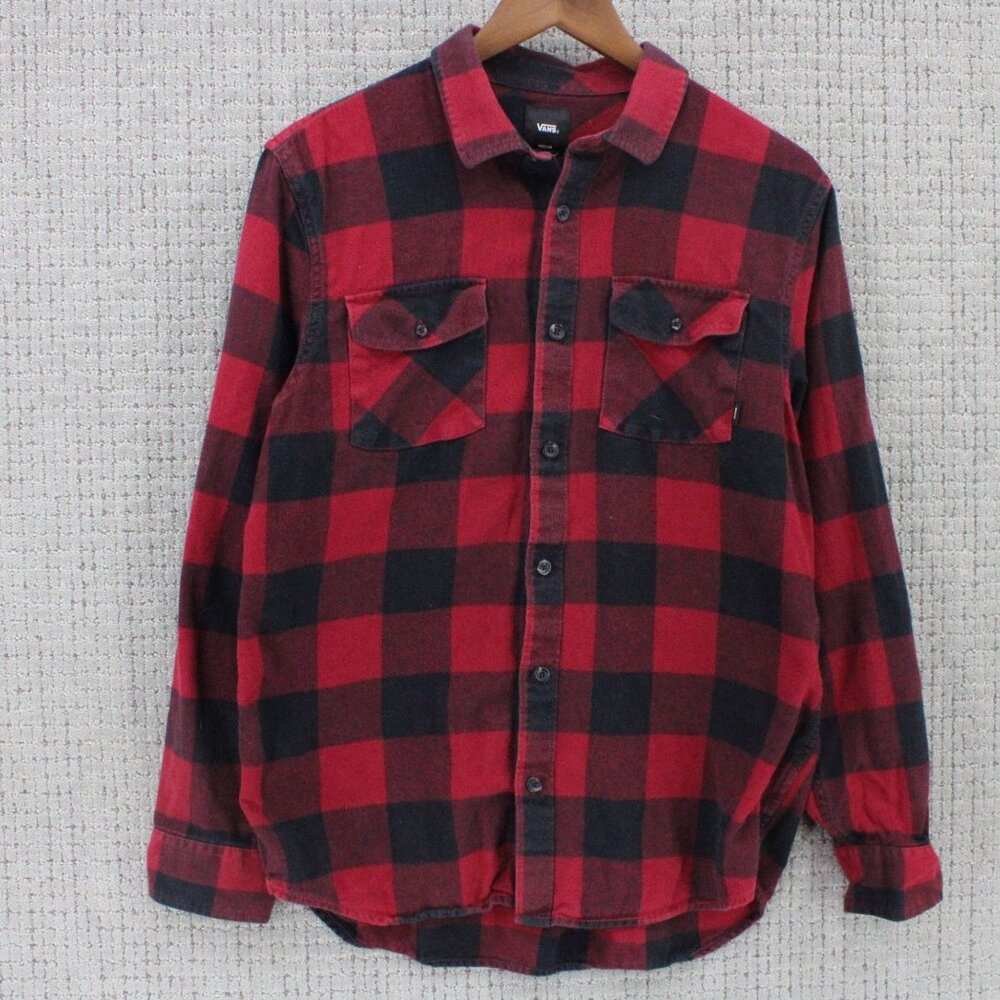 Vans Flannel Shirt Mens Medium M Red Plaid Button Down Classic Fit Button Down